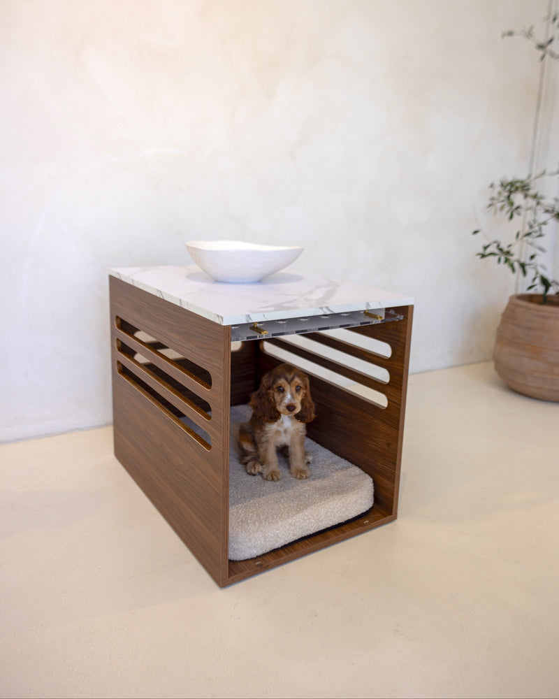 Dog crate with a cushion inside, placed on a white surface with a neutral background.