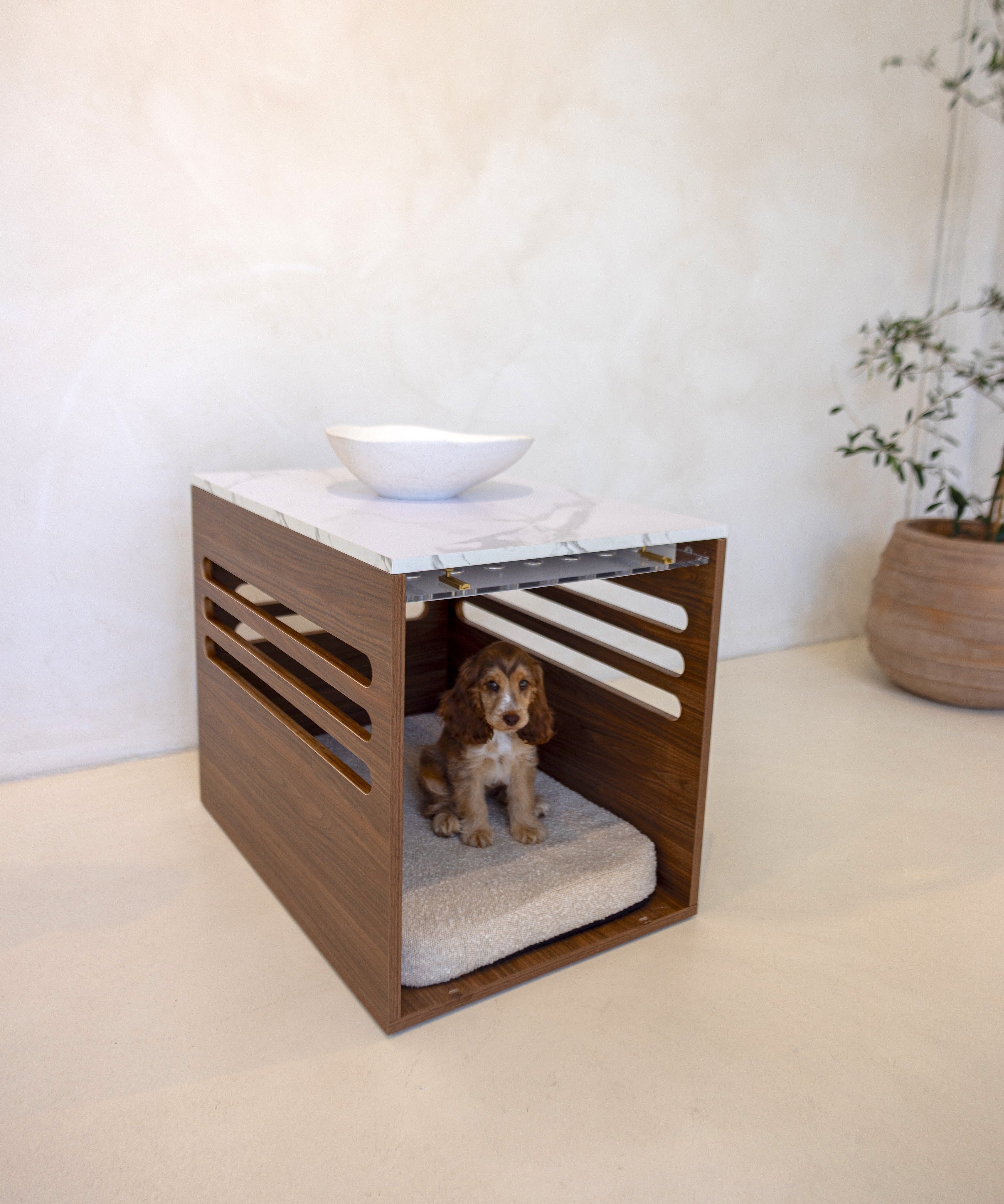 Dog crate with a cushion inside, placed on a white surface with a neutral background.