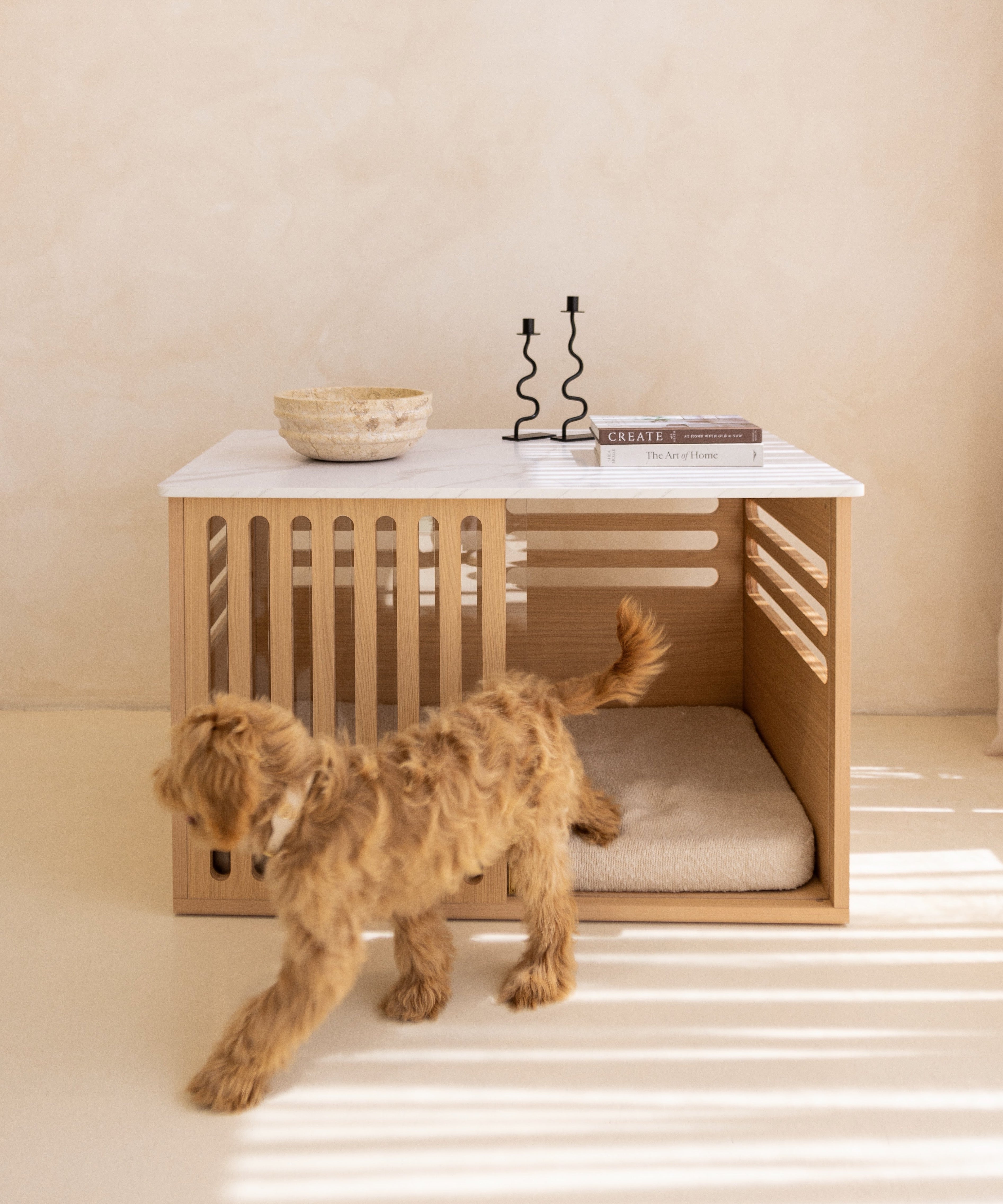 Dog standing next to a modern wooden dog crate furniture bed with a white surface in a minimalistic room.