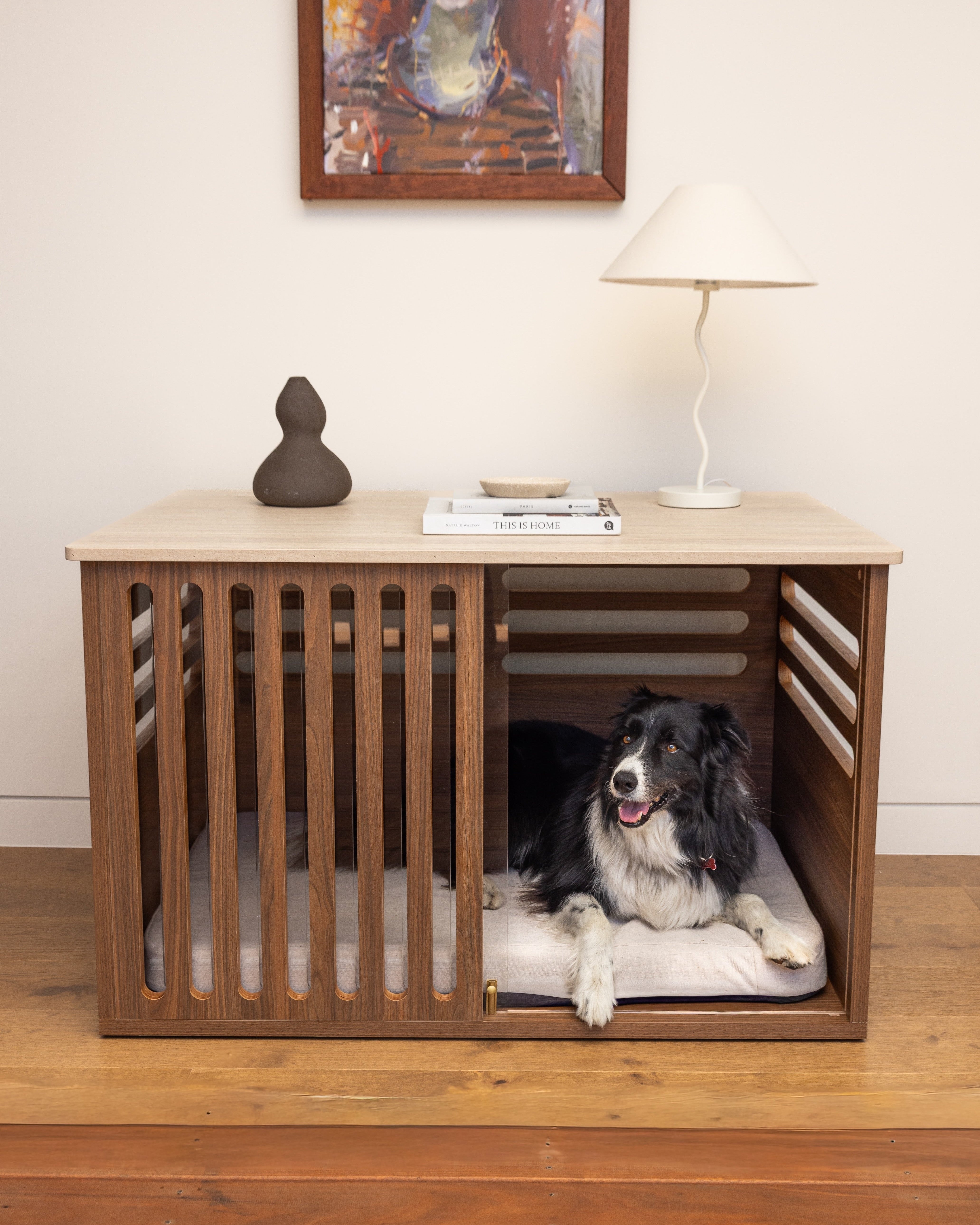 Large Buffet Table Dog Crate - Walnut Travertine – Koozi Pets