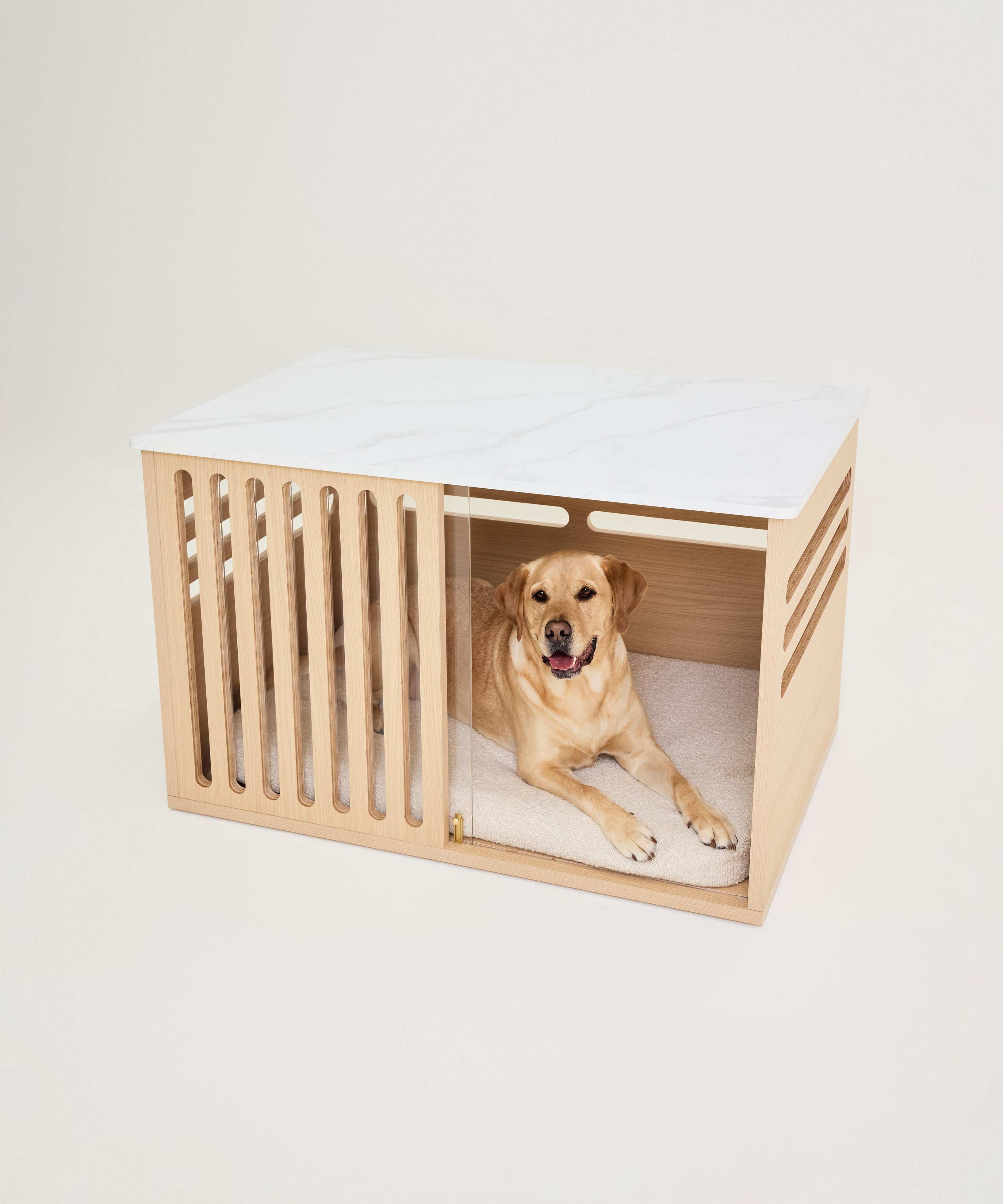 Dog lying inside a modern wooden pet crate on a light background