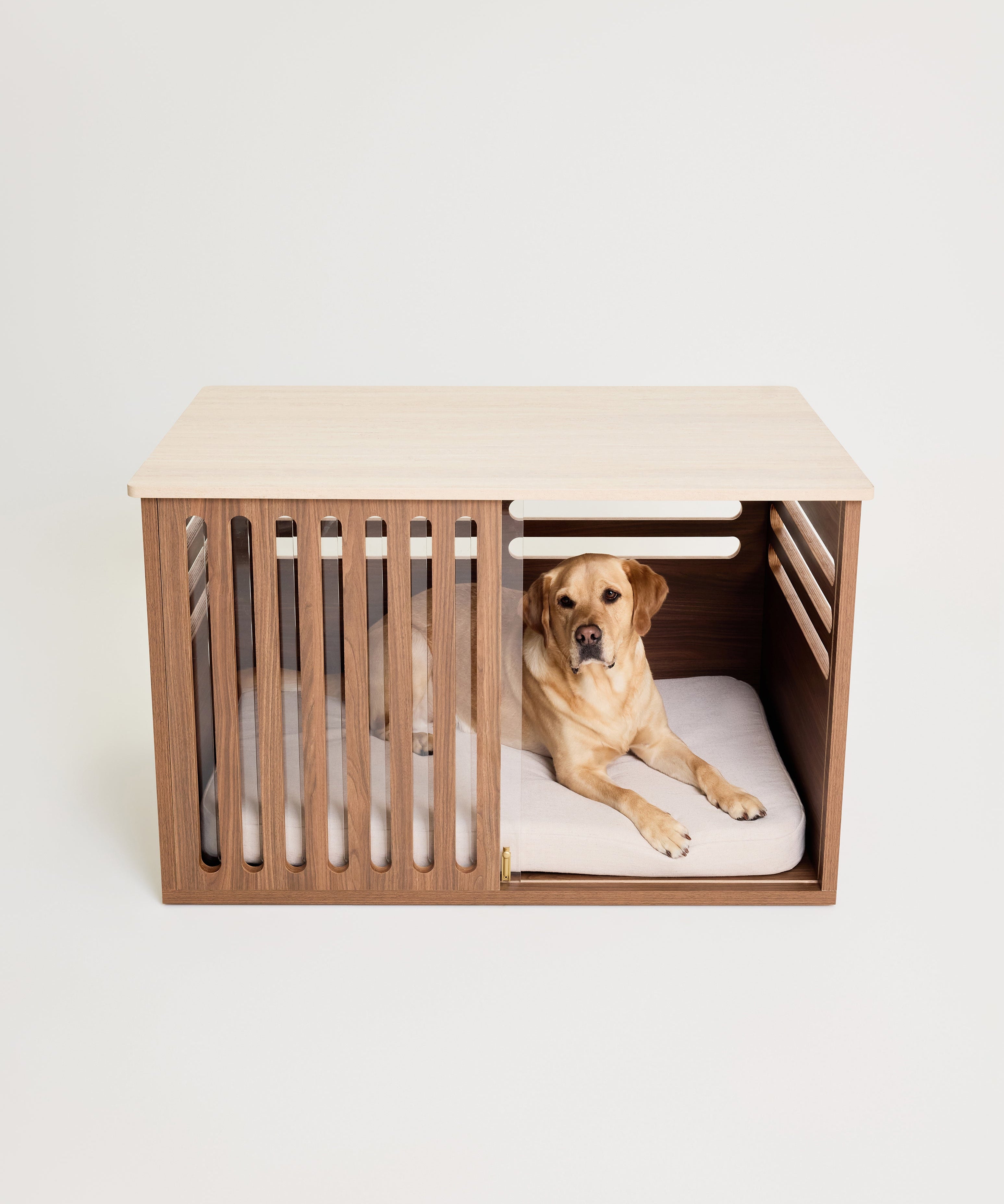 Dog lying inside a modern wooden pet crate with a white interior on a light background