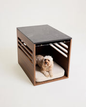 Dog lying on a cushion inside a wooden crate with a black top on a white background