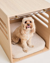 Dog sitting inside a wooden pet bed with a white cushion on a light background