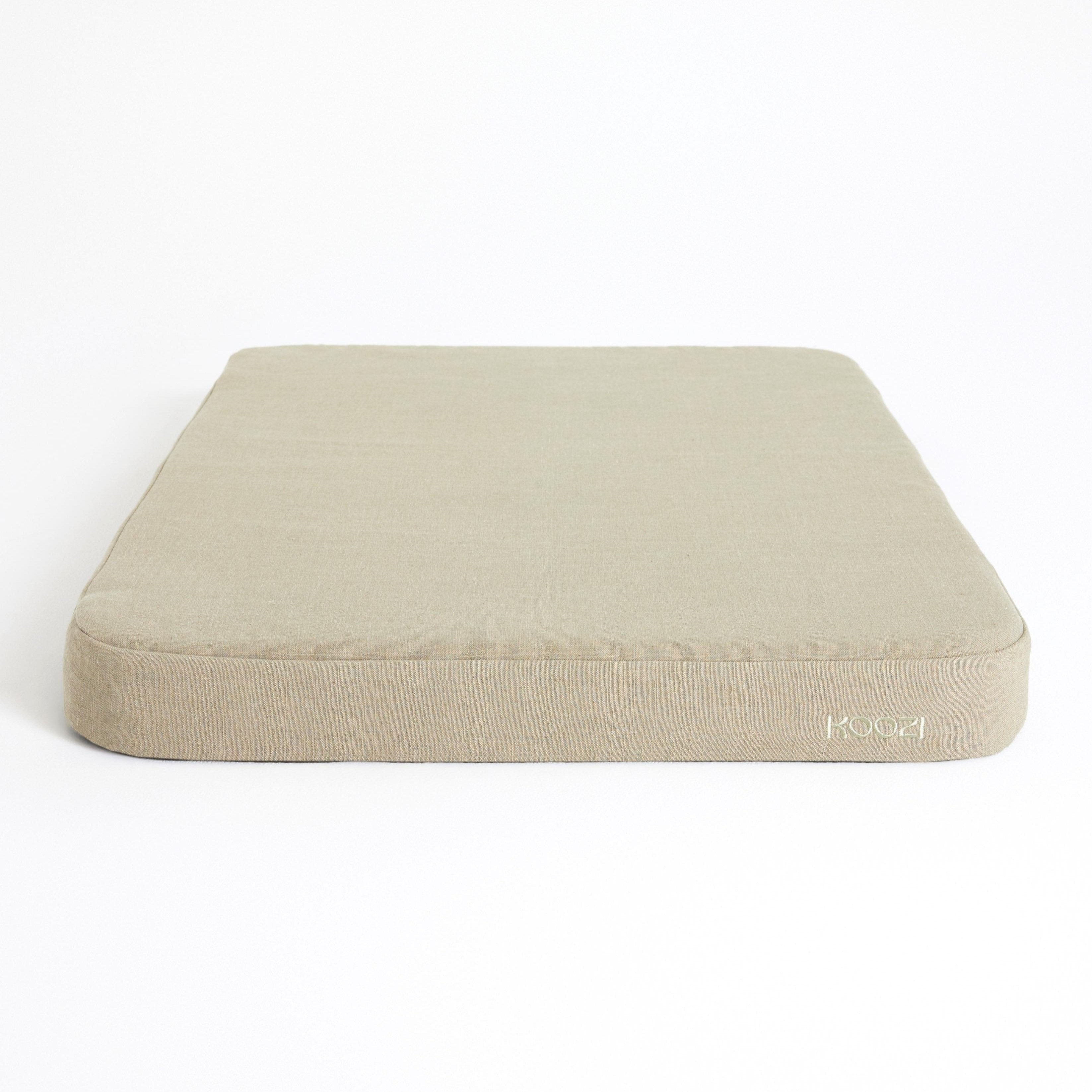Light Khaki Linen Plush Flat Dog Bed by Koozi Pets | Luxury Designer Bed for Small Dogs & Aesthetic Interiors | memory foam, anti-chew, also for crates.