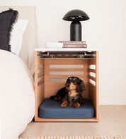 Aesthetic Side Table Dog Crate - Bedside table , Dog inside with plush bed, Koozi Pets | Luxury Furniture-Style Wood & Marble Dog Crate for Small to Medium Dogs and Modern Home Interiors