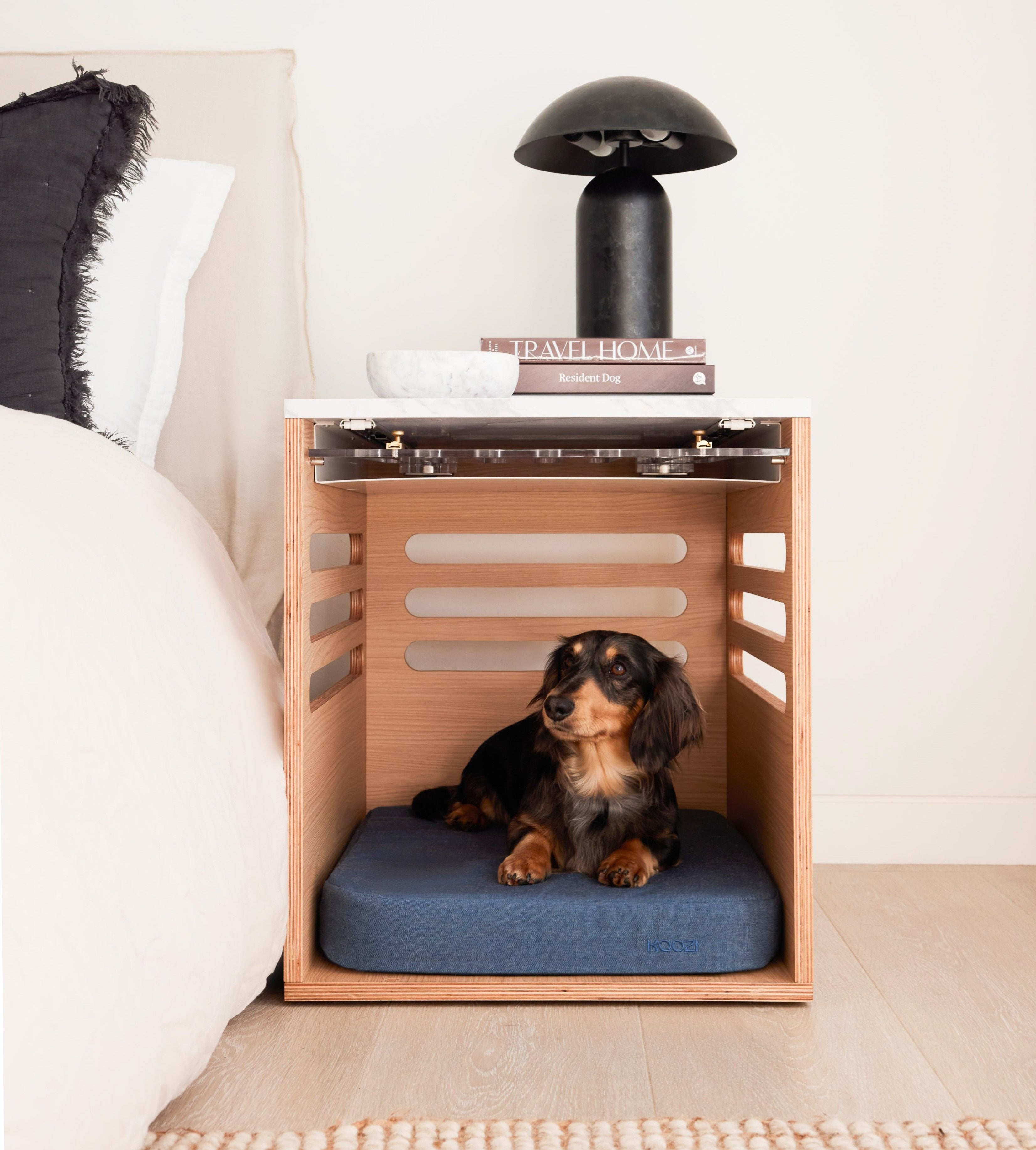 Aesthetic Side Table Dog Crate - Bedside table , Dog inside with plush bed, Koozi Pets | Luxury Furniture-Style Wood & Marble Dog Crate for Small to Medium Dogs and Modern Home Interiors