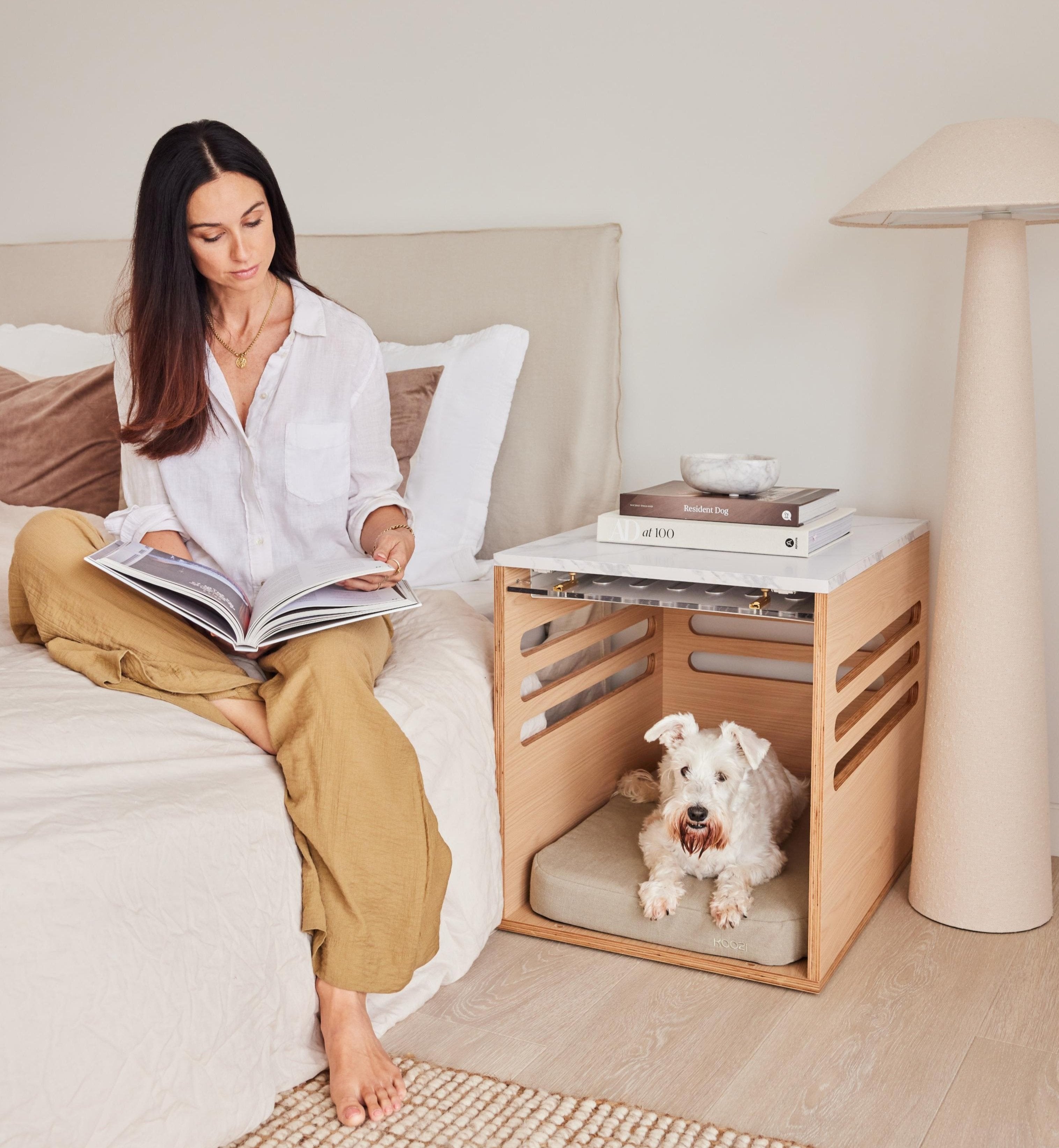 Koozi side table dog crate with elm wood and marble top, dual-purpose dog crate furniture for stylish home interiors, bedside with small dog