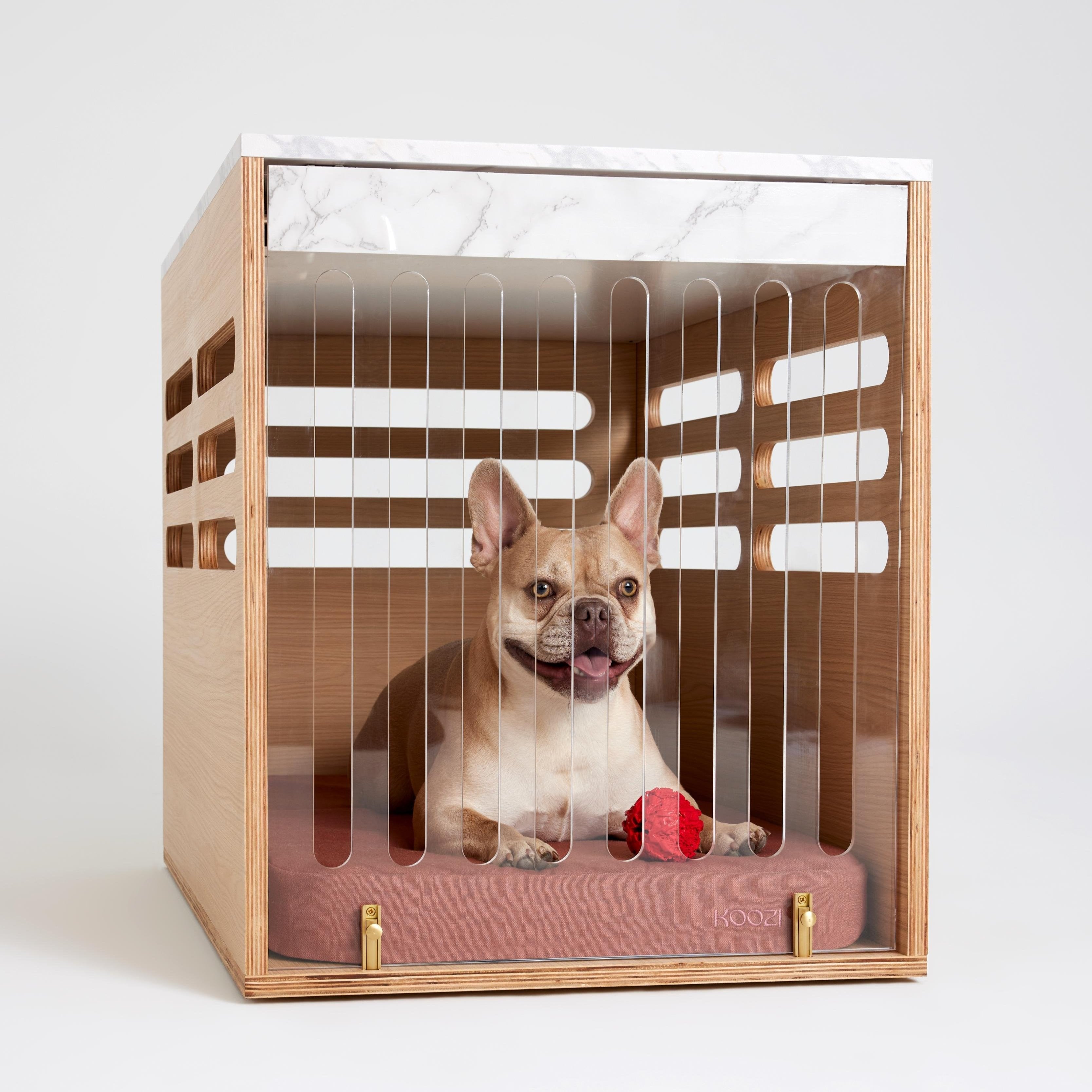 Aesthetic Side Table Dog Crate, medium size, door closed, Koozi Pets | Luxury Furniture-Style Wood & Marble Dog Crate for Small to Medium Dogs and Modern Home Interiors
