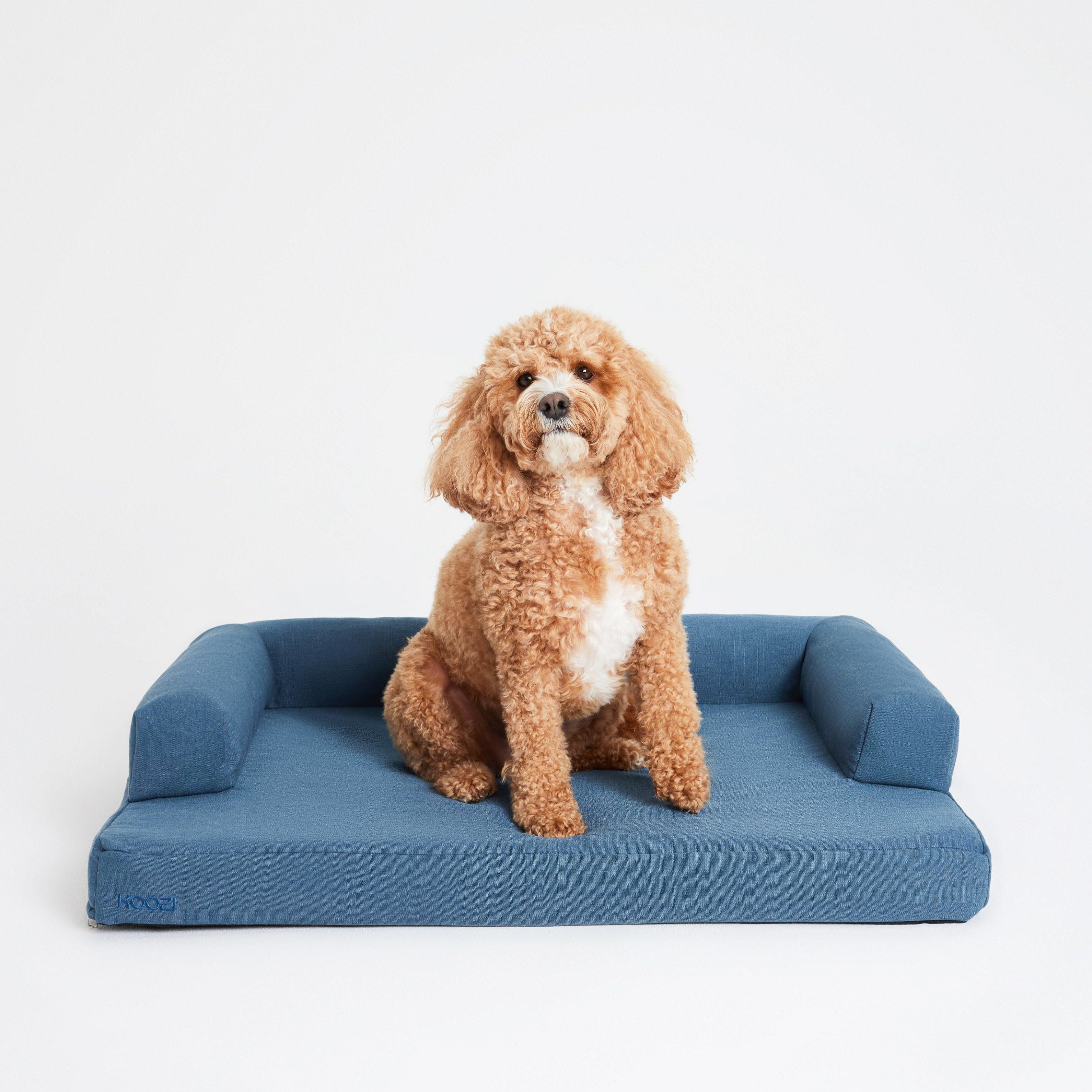 cloud dog bed small denim blue linen koozi, half bolster