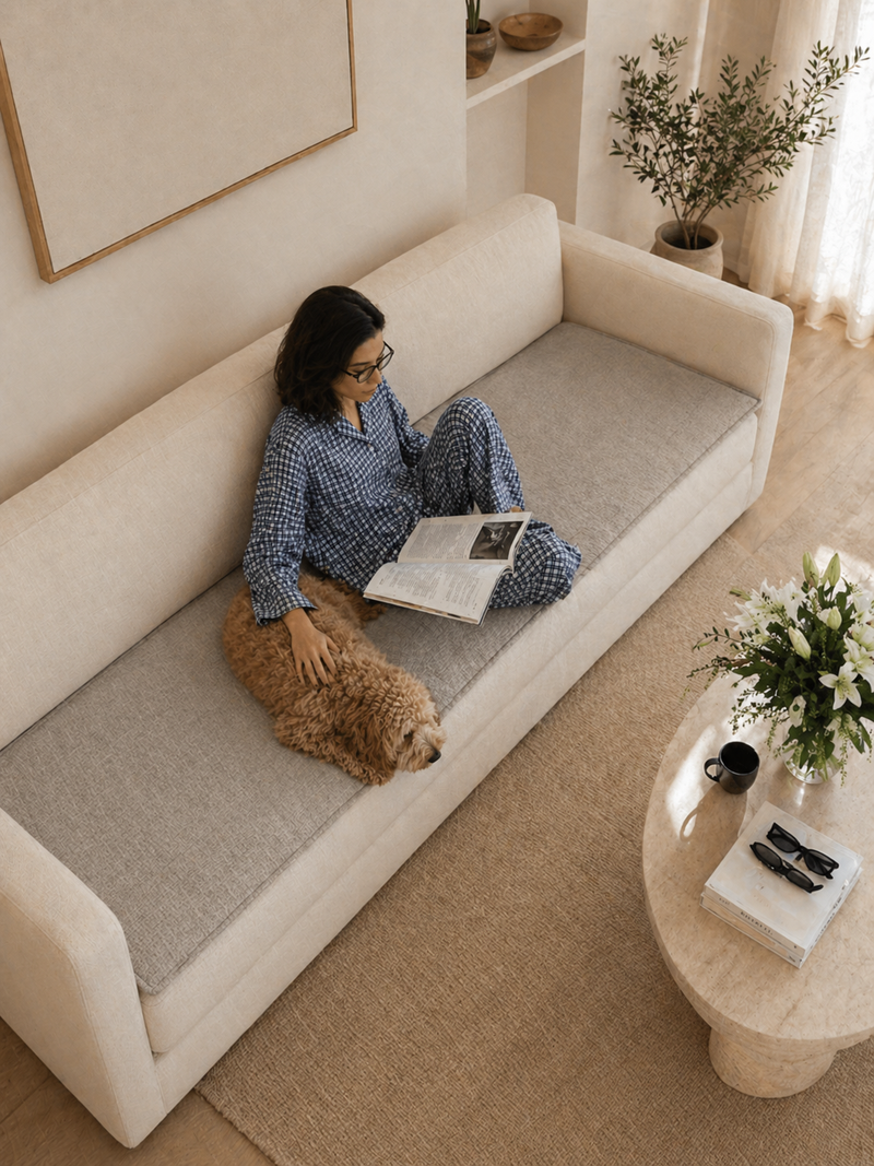 Woman reading a book on a couch with a dog in a cozy living room.