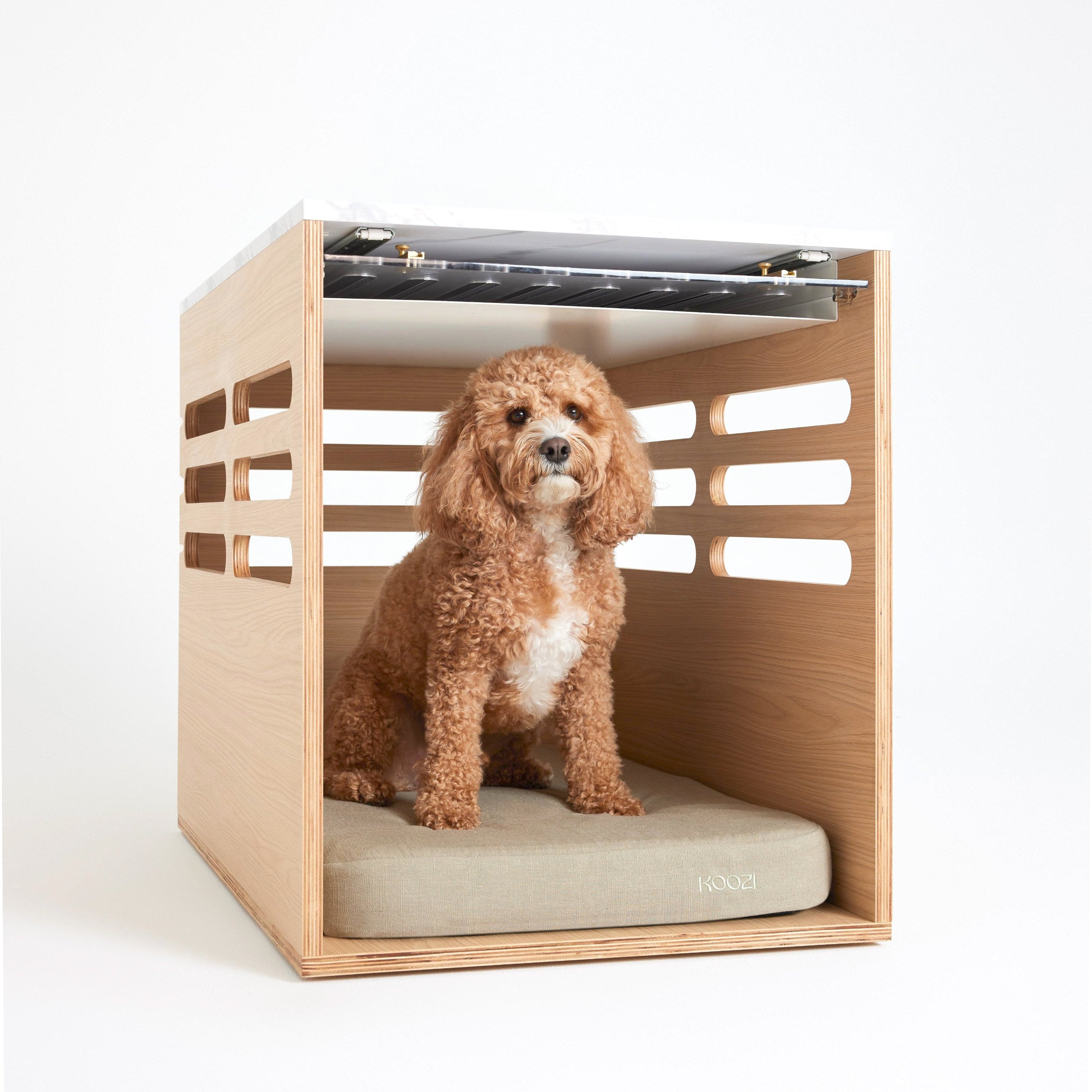 Aesthetic Side Table Dog Crate medium size Koozi Pets | Luxury Furniture-Style Wood & Marble Dog Crate for Small to Medium Dogs and Modern Home Interiors