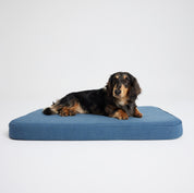 Denim Blue Linen Plush Flat Dog Bed by Koozi Pets | Luxury Designer Bed for Small Dogs & Aesthetic Interiors | memory foam, anti-chew, also for crates