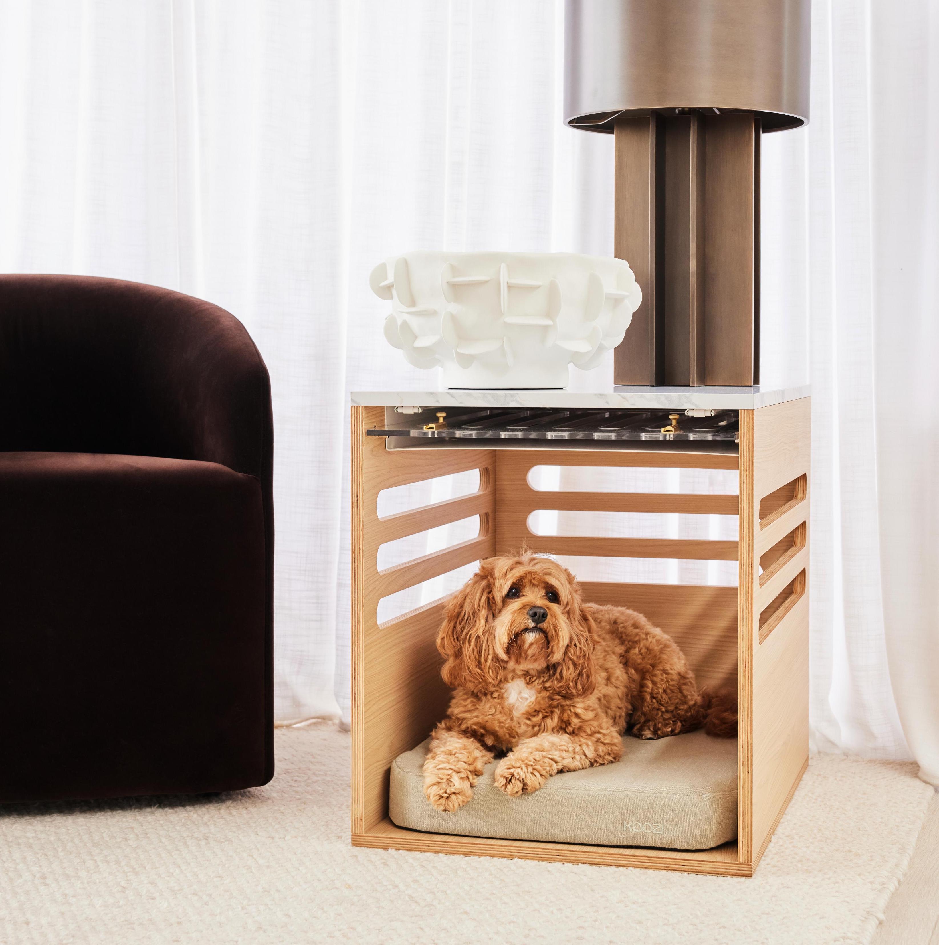 Aesthetic Side Table Dog Crate, Small size, Koozi Pets | Luxury Furniture-Style Wood & Marble Dog Crate for Small to Medium Dogs and Modern Home Interiors